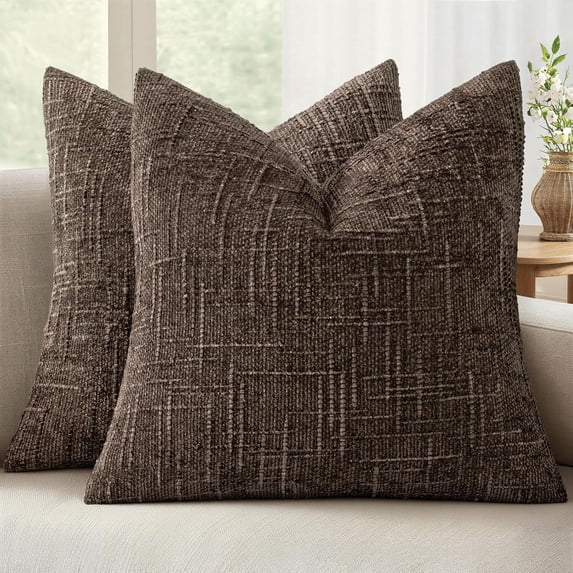 THOPBPRK Textured Throw Pillow Covers Thick Chenille Decorative Pillows Brown 18x18 Inch Set of 2 Modern Boho Farmhouse Home Decor Neutral Cushion Covers for Couch Sofa Living Room Bedroom