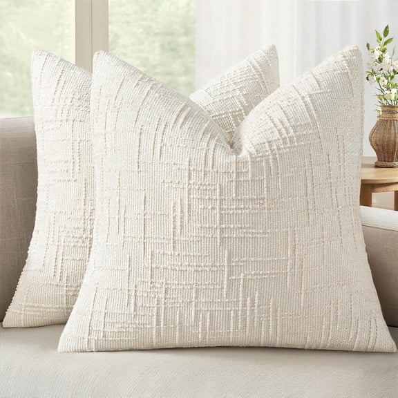 THOPBPRK Textured Throw Pillow Covers Thick Chenille Decorative Pillows Cream White 18x18 Inch Set of 2 Modern Boho Farmhouse Home Decor Neutral Cushion Covers for Couch Sofa Living Room Bedroom