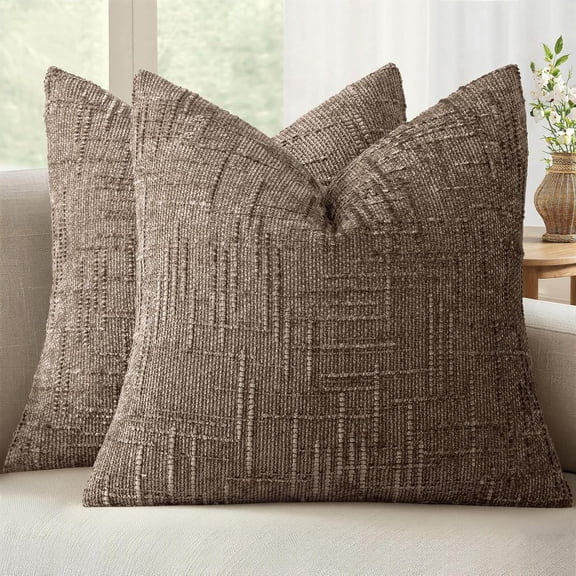 THOPBPRK Textured Throw Pillow Covers Thick Chenille Decorative Pillows Taupe Grey 18x18 Inch Set of 2 Modern Boho Farmhouse Home Decor Neutral Cushion Covers for Couch Sofa Living Room Bedroom
