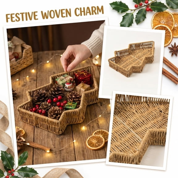 THOPBPRK Tree Shaped Woven Storage Basket, Handmade Desktop Organizer Tray for Holiday Table Centerpiece, Christmas Tree Decor and Creative Jewelry Sundries Organizer Holder, C