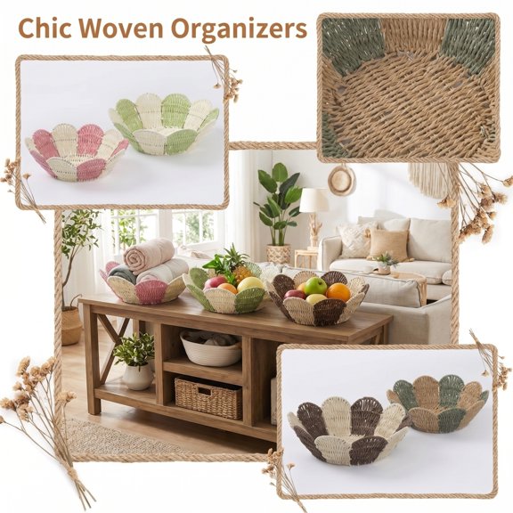 THOPBPRK Woven Storage Basket Rattan Fruit Bowl and Snack Organizer, Decorative Desktop Cosmetic Basket for Kitchen Countertop, Easter Gifts and Spring Decor, 1pc, Brown