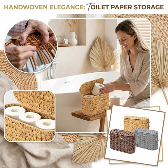 THOPBPRK Woven Toilet Paper Storage Basket, Natural Straw Bathroom Organizer Tray for Toilet Tank Topper, Rustic Easter Decor and Valentines Day Decorations for Home, A
