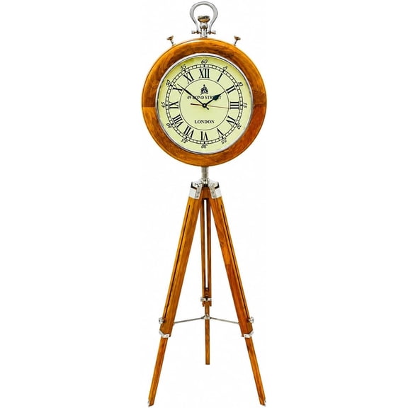 Vintage Tripod Floor Clock with Wooden Stand | Nautical Marine Style Decorative Clock | Roman Numeral Display | Antique Rustic Home Office Living Room Decor | Luxury Wooden Floor Standing Clock Gift