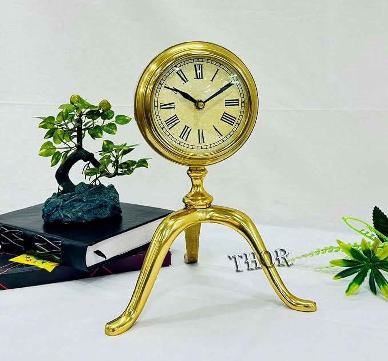 THOR INSTRUMENTS Brass Vintage Analog Vintage Table Clock on Stand, Decorative Desk and Shelf Clock Rustic Mantel Clock Non-Ticking, Home Decor
