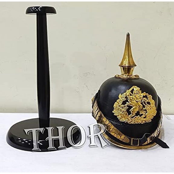 THOR INSTRUMENTS German Spiked Pickelhaube Officer Helmet Black Leather & Brass With Stand & Red Plume Rustic Vintage Home Decor Gifts