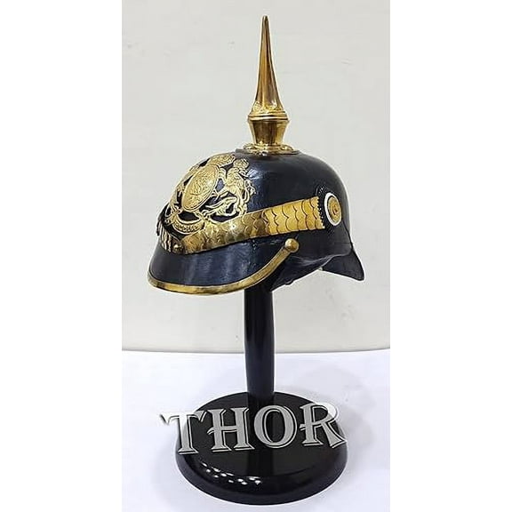 THOR INSTRUMENTS Leather German Pickelhaube Helmet New Gift Prussian Black Halloween Helmet (Stand is Included)