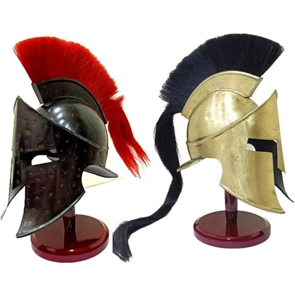 THOR INSTRUMENTS Medieval 300 King Spartan Black & Brass Helmet W/Red Plume Set Of 2 Replica Gift Rustic Vintage Home Decor Gifts