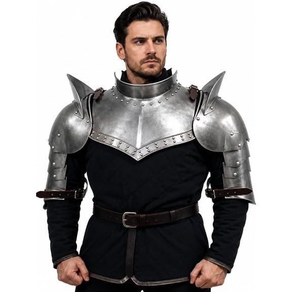 THOR INSTRUMENTS Medieval Armor Gorget Set with Shoulder Guard Spaulders Arm Shoulder Set Silver Steel Finish Adult Steel Finish Adult