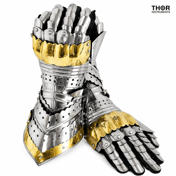 THOR INSTRUMENTS Medieval Articulated Gauntlets with Brass Accents Rustic Vintage Home Decor Gifts Silver