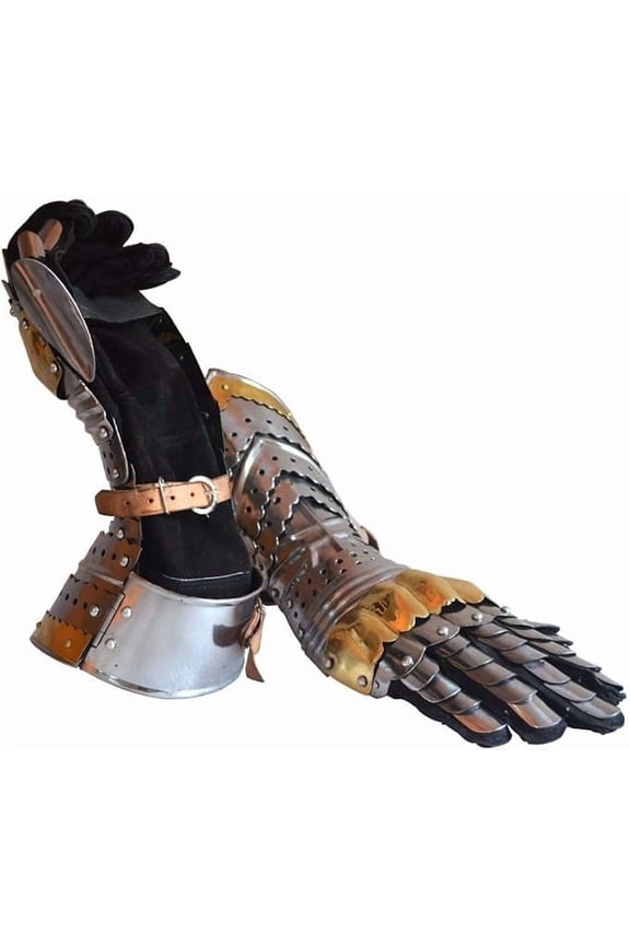 Medieval Articulated Gauntlets with Brass Accents Rustic Vintage Home Decor Gifts Silver