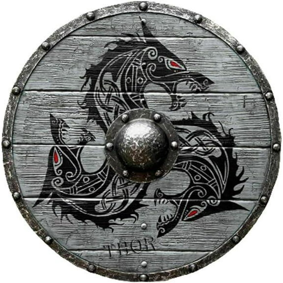 THOR INSTRUMENTS Medieval Larp Warrior Dragon Wooden Viking Round shield 24" Rustic Vintage Home Decor Gifts