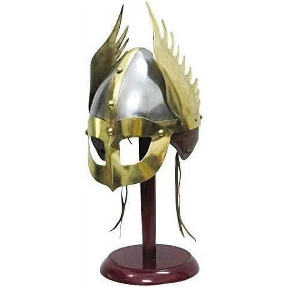 THOR INSTRUMENTS Medieval Mask Viking Helmet Replica Armor Warrior Helmet With Wooden Stand and Liner Brass Rustic Vintage Home Decor Gifts