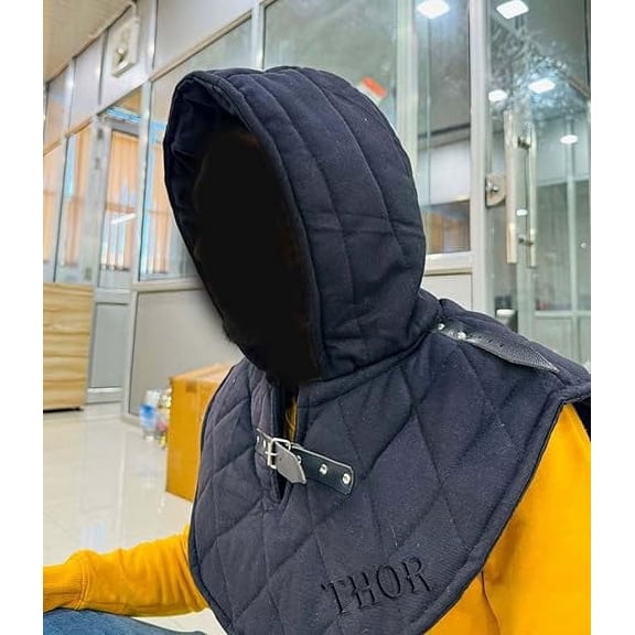 THOR INSTRUMENTS Medieval Renaissance Armor Look Stylish Cap Collar Head Neck Cotton Black Cotton Padded Collar and Coif Armor Padding Protector Under Armor Black Adult size