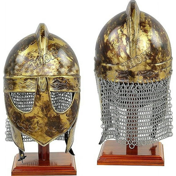 THOR INSTRUMENTS Medieval Viking Armor Chain Mail Valas Guard Helmet On Stand Rustic Vintage Home Decor Gifts