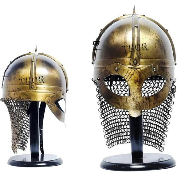 THOR INSTRUMENTS Medieval Viking Armor Warrior Chain Mail Mask Helmet With Wooden Stand Rustic Vintage Home Decor Gifts