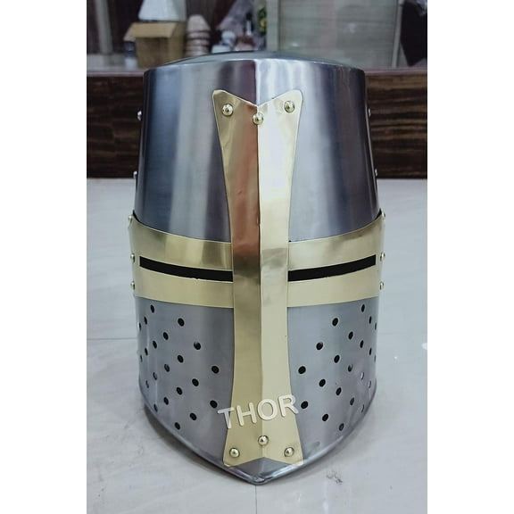 THOR INSTRUMENTS Medieval Warrior Crusader Helmet Knight Templar Armour Steel Halloween LARP Rustic Vintage Home Decor Gifts