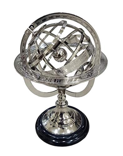 Brass Armillary Sphere Globe - Zodiac Engraved, Green Patina Finish, 11" Height, Celestial Decor