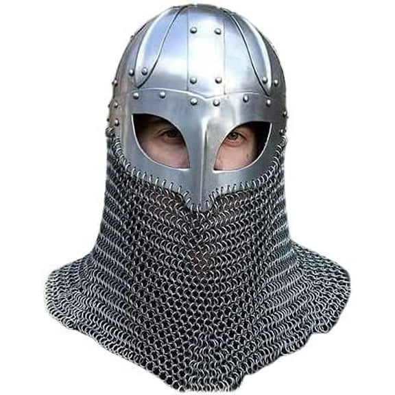 THOR INSTRUMENTS Viking Helmet Battle Armor 18G Steel and Chainmail Mask Helmet Silver Rustic Vintage Home Decor Gifts