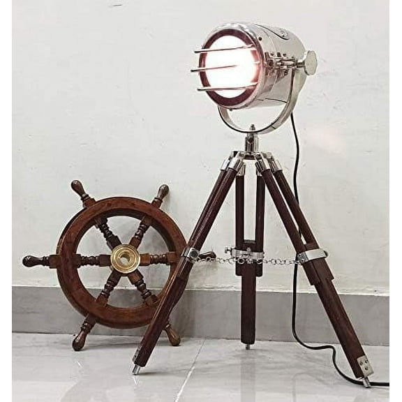 THOR INSTRUMENTS Vintage Nautical Style Movie Spot Light Table Lamp Silver Brown Tripod Rustic Vintage Home Decor Gifts