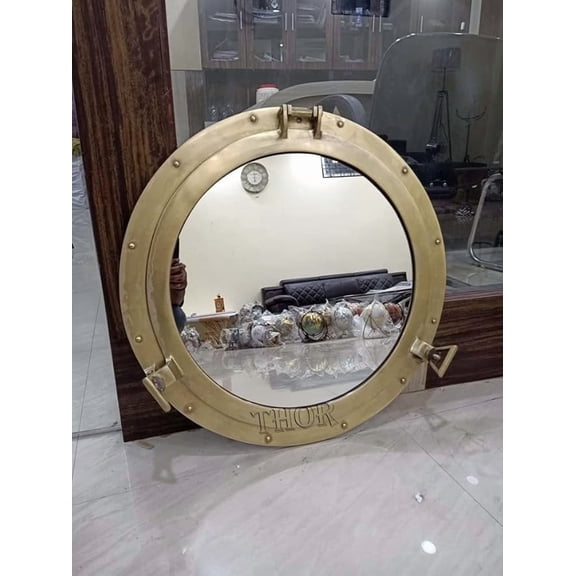 THOR INSTRUMENTS Vintage Style Antique Porthole Mirror Wall Hanging Nautical Porthole Mirror Window | Stylish Home & Wall Decor (9 Inches, Antique Brass)