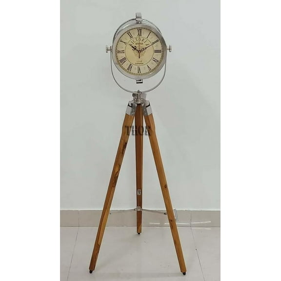 THOR INSTRUMENTS Vintage Style Wooden Tripod Clock Vintage Antique Adjustable Stand Marine Nautical Home Decor Living Room Clock