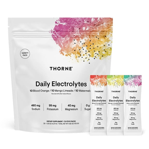 THORNE - Daily Electrolytes - Zero Sugar & Low-Calorie Electrolyte Drink Mix - Naturally Flavored & Sweetened - NSF Certified for Sport - Variety - 30 Stick Packs