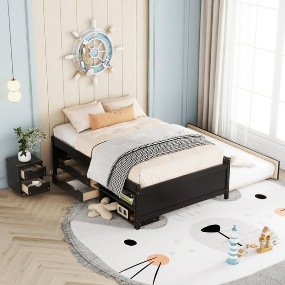 THOWDEE 2-Piece Bedroom Furniture, Wood Full Size Platform Bed with Nightstand, Full Bed Frame with Trundle, 2 Drawers, Under Bed Storage Box, No Noise, Espresso