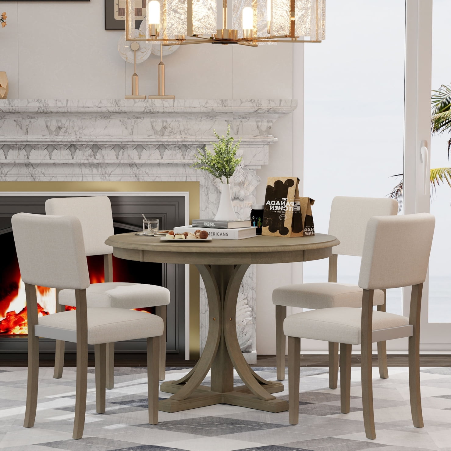 THOWDEE 5-Piece Retro Round Dining Table Set for 4, Kitchen Breakfast ...