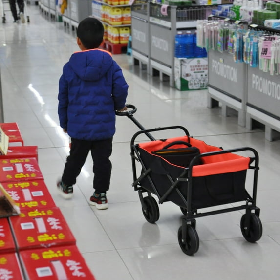 THOWDEE Mini Folding Wagon, Oxford Cloth Foldable Garden Shopping Beach Cart, Portable Collapsible Wagon for Camping, Shopping, Sports, Black+Orange