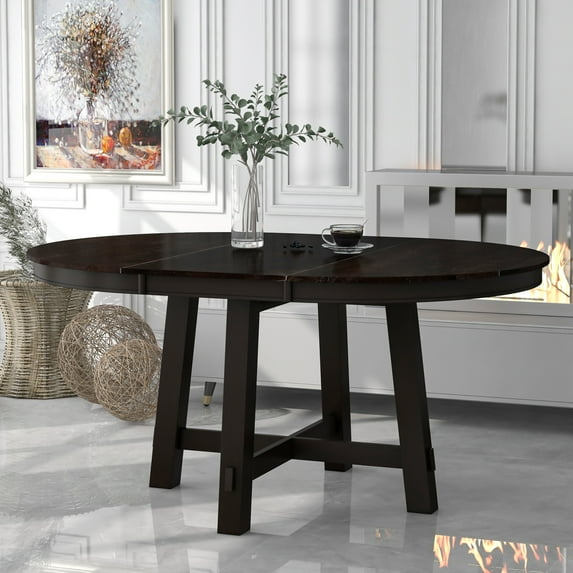 THOWDEE Modern 58 in Round Extendable Load Bearing Dining Table, Espresso