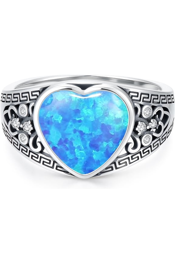 10MM Heart Cut Vintage Opal Statement Ring 925 Sterling Silver Heart Shaped White/Black/Blue Opal Filigree Ring for Women Size 4-12