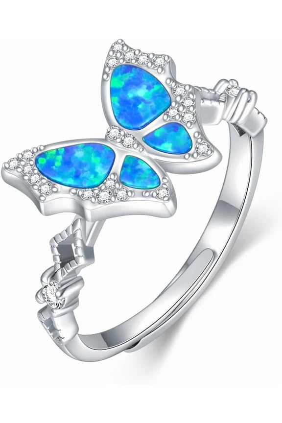 925 Sterling Silver Butterfly Ring for Women Oval Blue Opal Stone Jewelry for Her Wife Mom Adjustable Size