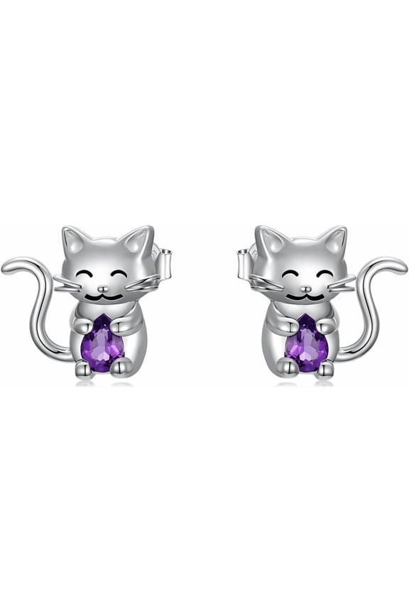 925 Sterling Silver Cat Stud Earrings for Women, Hypoallergenic 925 Silver Cute Cat Earrings with Purple Amethyst Crystal, Adorable Animal Earrings Gift for Cat Lovers