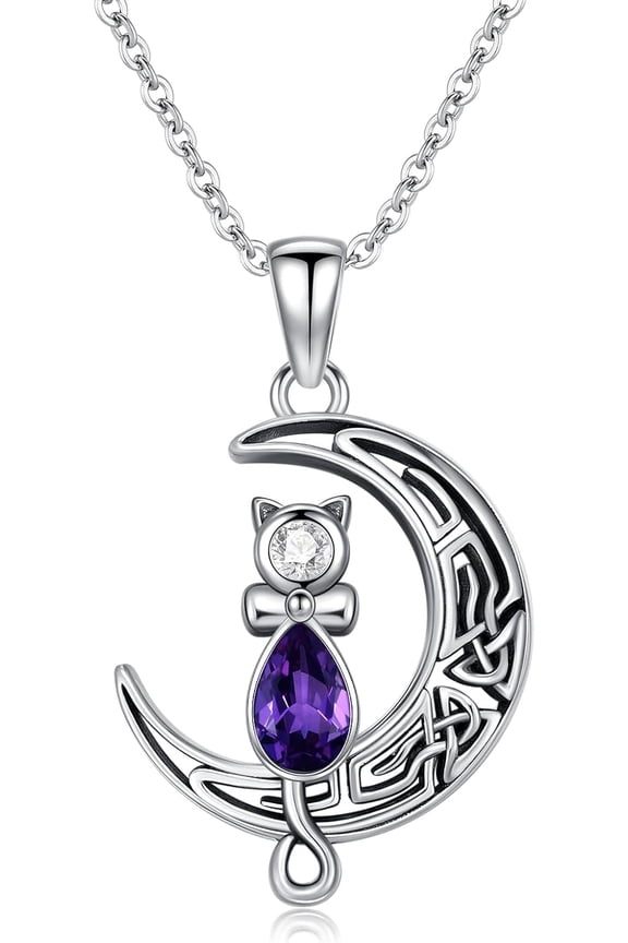 925 Sterling Silver Celtic Moon Cat Crescent Pendant Necklace with Purple Birthstone Christmas Birthday Jewelry Gifts for Women Cat Lovers