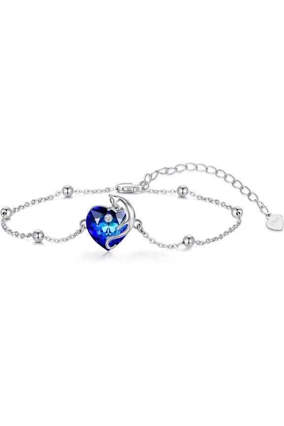 925 Sterling Silver Cute Cat/Fox Link Bracelet with Heart Crystal from Austria, Animal Jewelry Gifts for Women