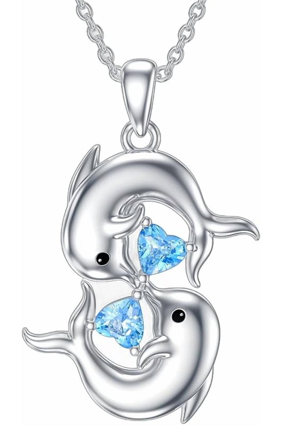 925 Sterling Silver Double Dolphin Birthstone Necklace for Women Heart Crystal Gemstone Birthstone Pendant for Her