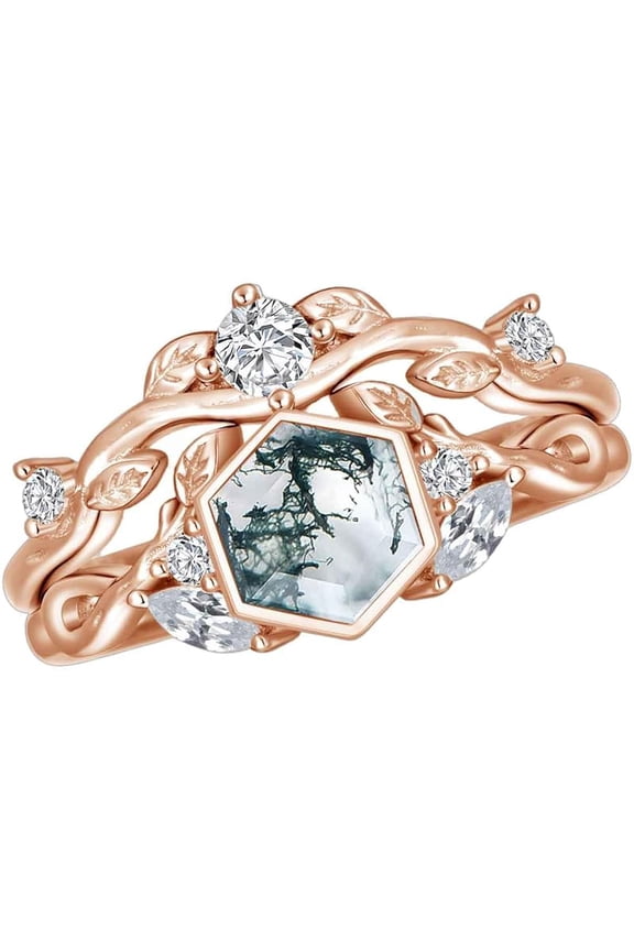 925 Sterling Silver Hexagonal Natural Moss Agate Engagement Ring for Women CZ Stackable Promise Rings Jewelry Set