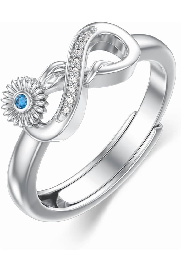 925 Sterling Silver Infinity Daisy Rings for Women Blue Topaz Gemstone Rings Adjustable