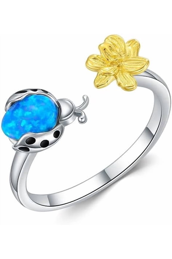 925 Sterling Silver Ladybug RingSilver Sunflower Ladybug Ring Cute Ladybug Fidget Rings for Women Jewelry Ladybug Gifts for Women Adjustable Ladybug Flower Spoon Ringsring size:6-9