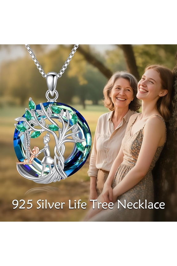 925 Sterling Silver Mom and Daughter Necklace, Tree of Life Crystal Pendant Necklaces Jewelry Gifts for Women Mom Wife Mothers Day Christmas Birthday 18+2 inch