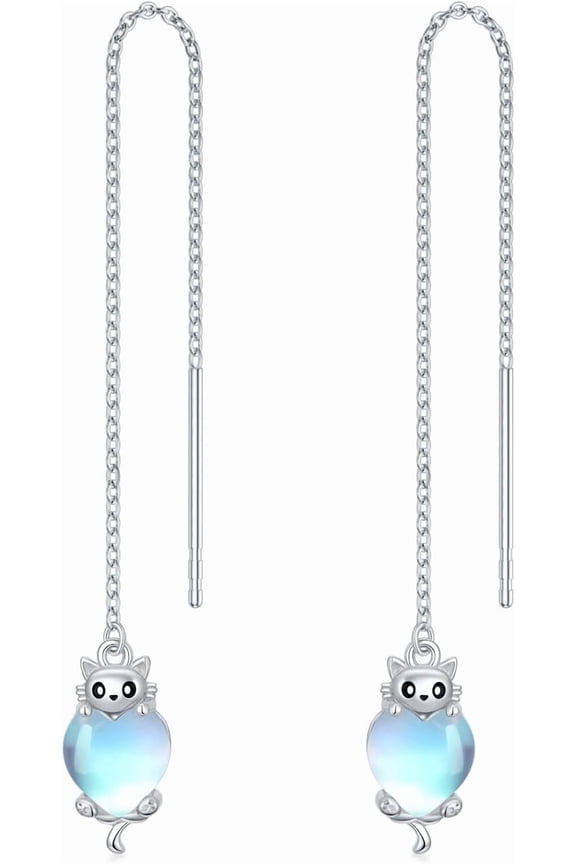 925 Sterling Silver Moonstone Long Chain Earrings Hummingbird/Cat/Clover with June Birthstone Threader Earrings for Women