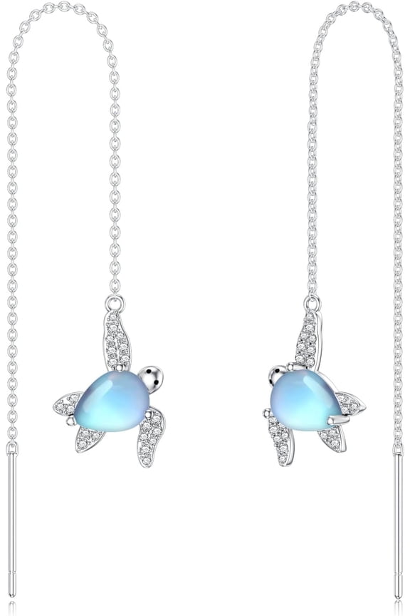 925 Sterling Silver Moonstone Long Chain Earrings Hummingbird/Cat/Clover with June Birthstone Threader Earrings for Women