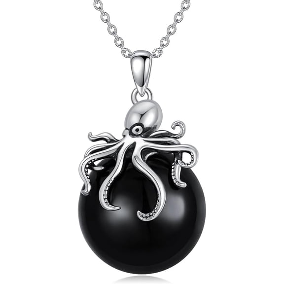 THOYAS 925 Sterling Silver Octopus Necklace for Women Round Agate Pendant Necklace Gemstone Birthstone for Her Sea Animal Jewelry for Mom Sea Lover