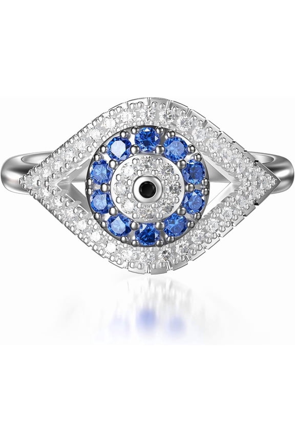 925 Sterling Silver Turkish Evil Eye Rings for Women, Cubic Zirconia Evil Eye Signet Ring Mother Day Jewelry Protection Lucky Gift Size 3-12