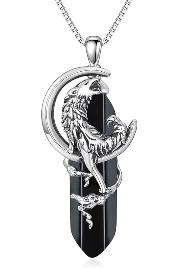 925 Sterling Silver Wolf Necklace for Women Hexagonal Gemstone Birthstone Pendant for Her Reiki Healing Crystal Wolf Jewelry for Mom