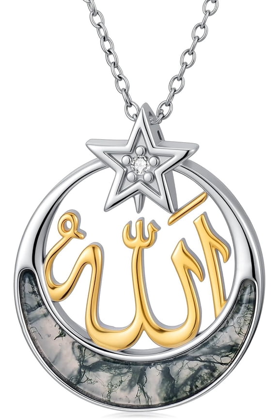 Allah Necklace 925 Sterling Silver Islamic Allah Moss Agate Pendant Moon and Star Necklace Dainty Natural Moss Agate Islamic Muslim Jewelry Gifts for Women