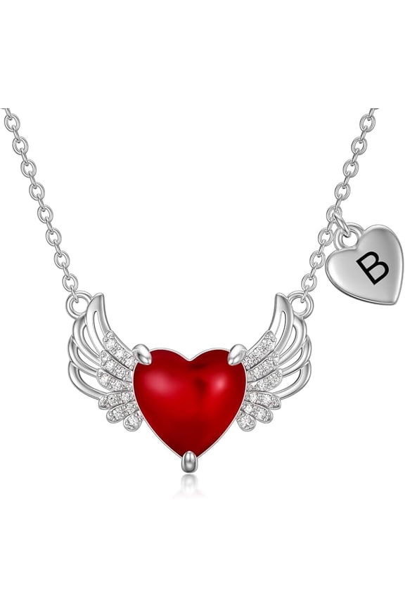 Angel Wings Heart Necklace Customize with Letter Initial A-Z 925 Sterling Silver Carnelian Necklace Guardian of love Angel Pendant Jewelry Christmas for Women Mothers