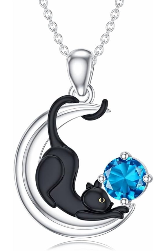 Black Cat Birthstone Necklace Cat on Moon Pendant Necklace Jewelry Gift for Women