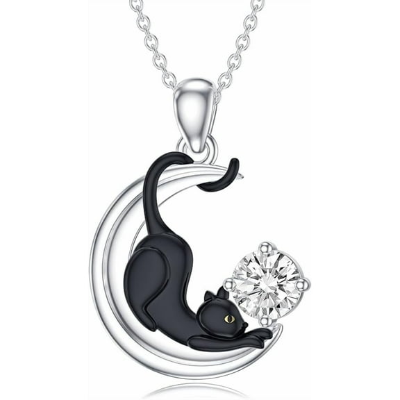 THOYAS Black Cat Birthstone Necklace Cat on Moon Pendant Necklace Jewelry Gift for Women