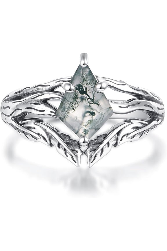 Black Oxidation Branch Rectangle/Hexagon/Kite/Pear Moss Agate Ring for Women 925 Sterling Silver Retro Green Stone Promise Ring with Vine Leaf Vintage for Wife women